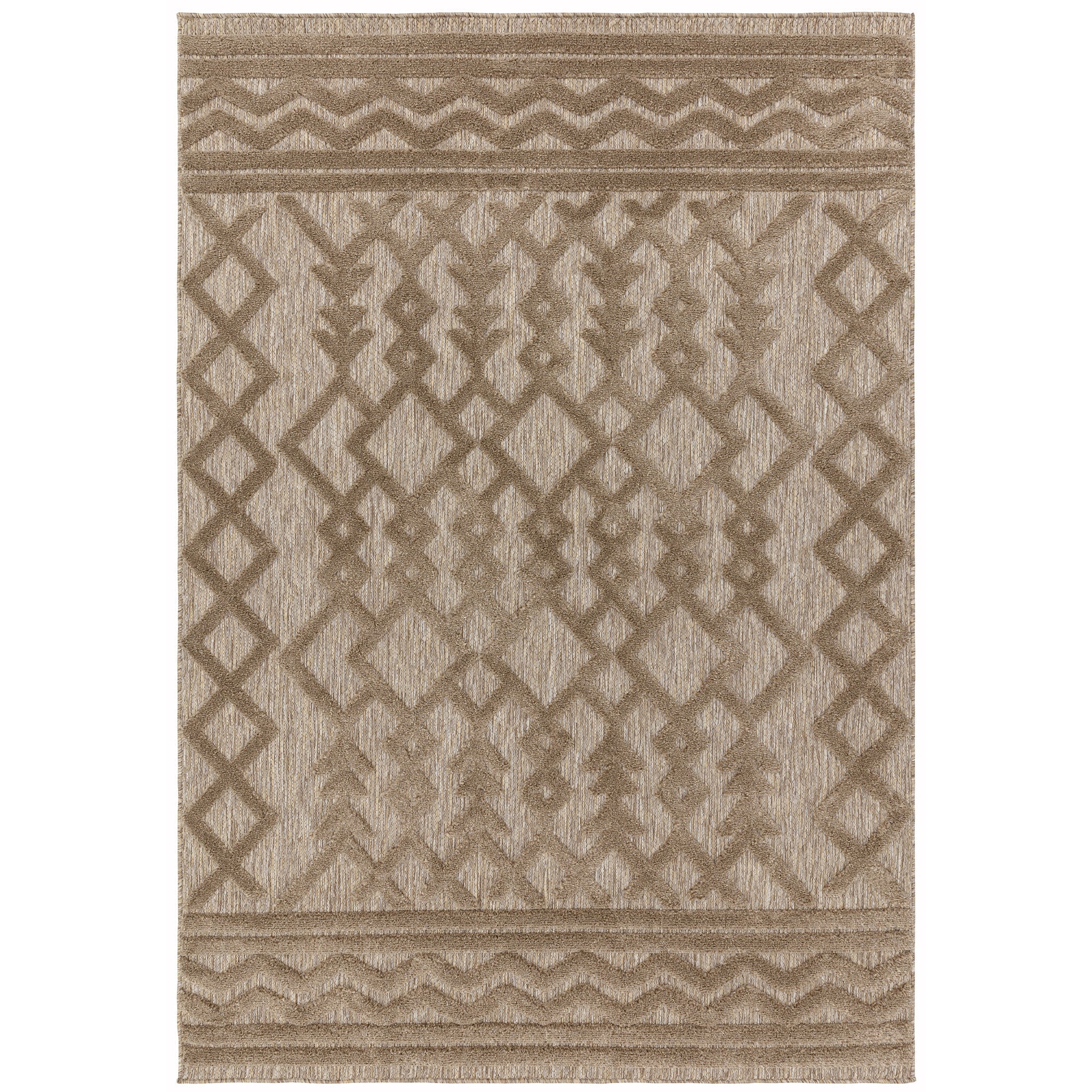 Modern style cappucino brown colour rug with an eye catching 3D design in a geometric pattern, suitable for both indoor and outdoor use. Made from Polypropylene yarns. Size Extra Large. Pile Height 2-11mm Dimensions: 2000 x 2900 mm Machine woven in Turkey Delivery: 5-7 days